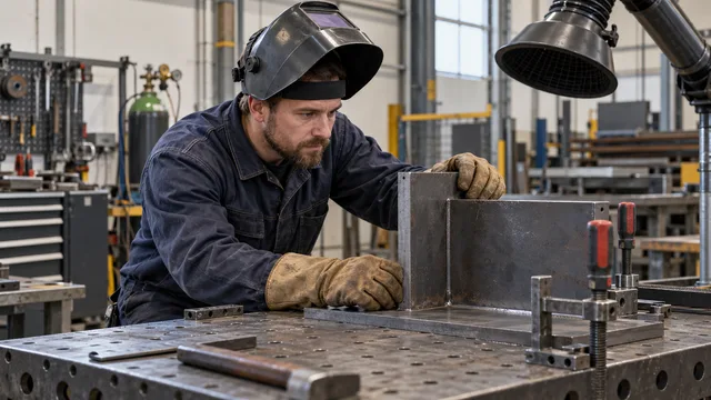 Hitsaaja tarkastaa kiinnitettyä teräskappaletta työpöydällä ennen hitsausta.